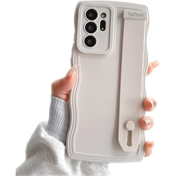 Compatible with Samsung Galaxy Note 20 Ultra Phone Case with Wrist Strap Kickstand Cute Solid Color Curly Wave Frame Case Women Soft Shockproof Cover (White, Samsung Galaxy Note 20 Ultra)