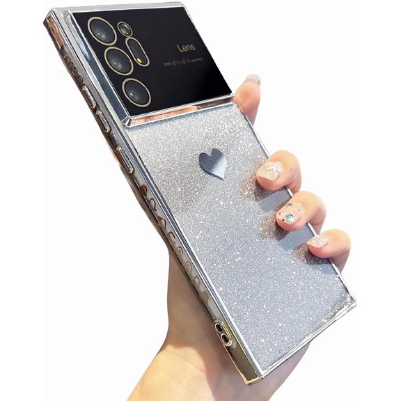 Compatible with Samsung Galaxy Note 20 Ultra Plating Cute Heart Phone Case,Gradient Glitter Bling Clear Case Women Full Camera Lens Protection Soft Cover (Silver, Samsung Galaxy Note 20 Ultra)