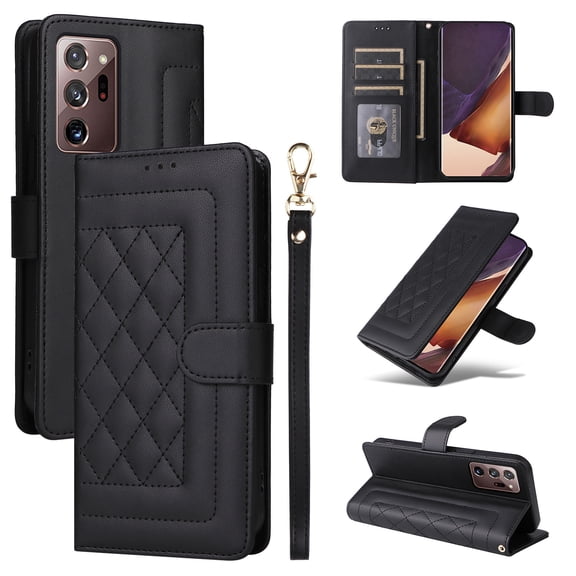 Compatible with Samsung Galaxy Note 20 Wallet Flip Case, Durable Soft TPU + PU Leather 3 Card Slots and 1 Cash Pocket Wrist Strap Magnetic Kickstand Elegant Case for Note 20, Black