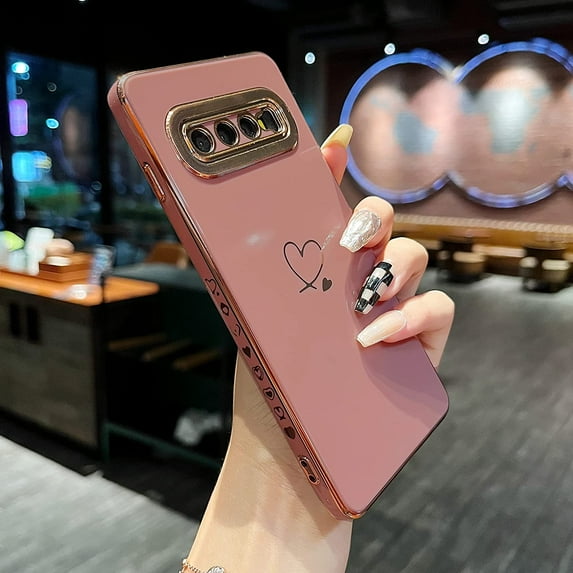 Compatible for Samsung Galaxy S10,Cute Plating Love Hearts Pattern Case with Camera Lens Protection,Soft TPU Bumper Electroplated Case for Girls Women,Pink