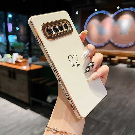 Compatible for Samsung Galaxy S10,Cute Plating Love Hearts Pattern Case with Camera Lens Protection,Soft TPU Bumper Electroplated Case for Girls Women,White