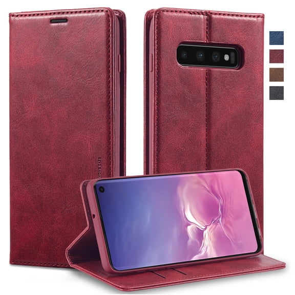 Compatible for Samsung Galaxy S10 Plus 6.4 Inch Wallet Case, Luxury PU Leather RFID Blocking Flip Case with Card Slots Holder Kickstand Magnetic Clasp Cover Soft Silicone Shockproof Folio Case,Red