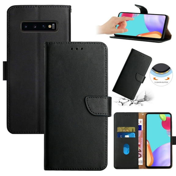 Compatible with Samsung Galaxy S10 Plus Vintage Wallet || Real Leather Wallet Phone Case || Genuine Leather with Viewing Stand & Card Holder || Magnetic Flip Folio Cover with Card Slot, Black