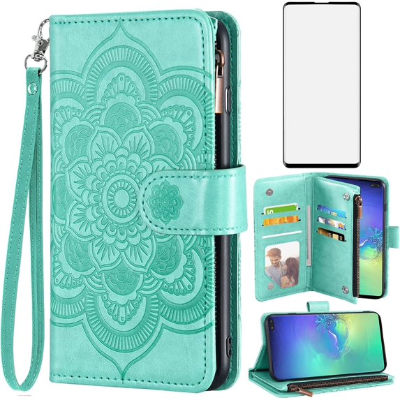 Compatible with Samsung Galaxy S10 Plus Wallet Case and Tempered Glass Screen Protector Flip Card Holder Cell Phone Cover for Glaxay S10+ Galaxies S10plus 10S Edge S 10 10plus Cases Men Green
