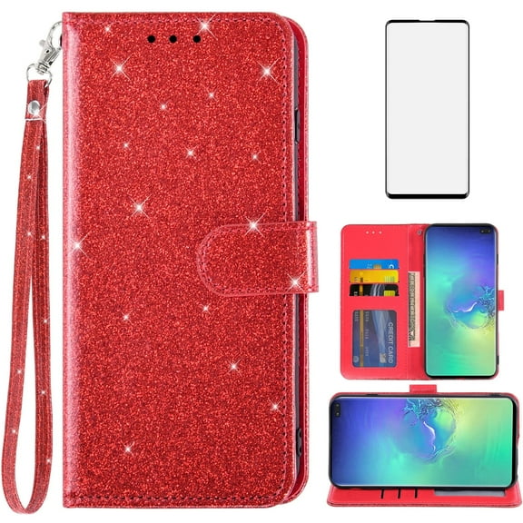 Compatible with Samsung Galaxy S10 Plus Wallet Phone Case and Tempered Glass Screen Protector Flip Credit Card Holder Stand Bling Glitter Cell Cover for S10+ S10plus 10S Edge S 10 10plus Women Red