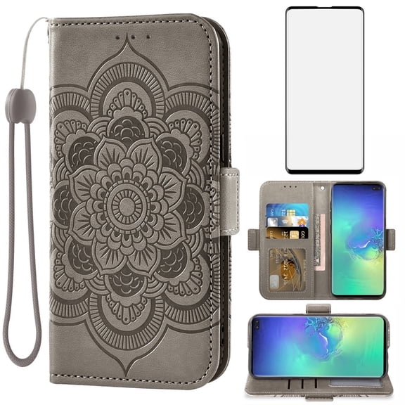 Compatible with Samsung Galaxy S10 Plus Wallet Phone Case and Tempered Glass Screen Protector Flip Credit Card Holder Stand Mandala Flower Cell Cover for S10+ S10plus 10S Edge S 10plus Women Gray