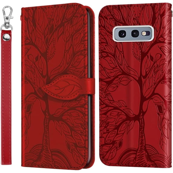 Compatible with Samsung Galaxy S10e Wallet Case Women Leather Flip with Wrist Strap Kickstand Magnetic Shockproof with Card Holder Protective Case for Samsung Galaxy S10e Life Tree Red