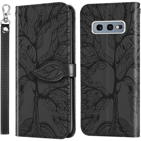 Compatible with Samsung Galaxy S10e Wallet Case Women Leather Flip with Wrist Strap Kickstand Magnetic Shockproof with Card Holder Protective Case for Samsung Galaxy S10e Life Tree Black