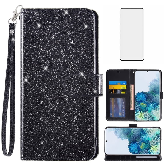 Compatible with Samsung Galaxy S20 5G 6.2 inch Wallet Phone Case and Tempered Glass Screen Protector Flip Credit Card Holder Stand Bling Glitter Cell Cover for S 20 20S UW S2O G5 Women Men Black