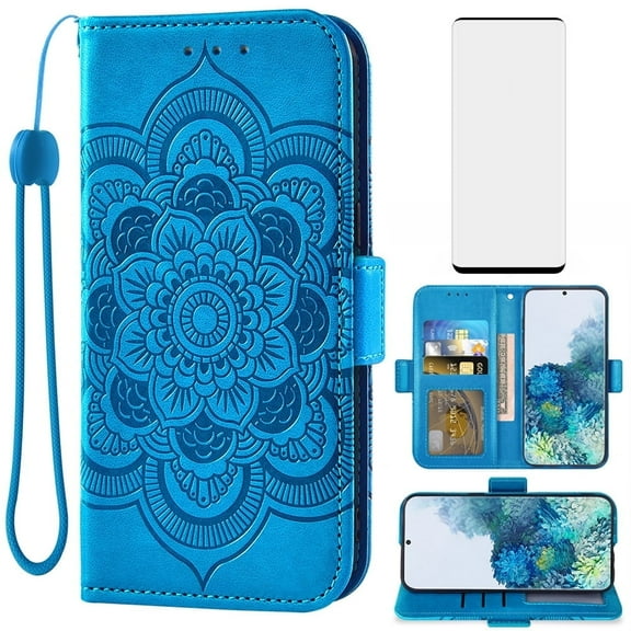 Compatible with Samsung Galaxy S20 5G 6.2 inch Wallet Phone Case and Tempered Glass Screen Protector Flip Credit Card Holder Stand Mandala Flower Cell Cover for S 20 20S UW S2O G5 Women Men Blue
