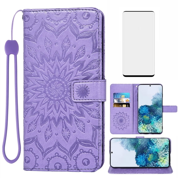 Compatible with Samsung Galaxy S20 5G 6.2 inch Wallet Phone Case and Tempered Glass Screen Protector Flip Credit Card Holder Stand Mandala Flower Cell Cover for S 20 20S UW S2O G5 Women Men Purple