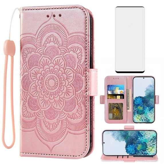 Compatible with Samsung Galaxy S20 5G 6.2 inch Wallet Phone Case and Tempered Glass Screen Protector Flip Credit Card Holder Stand Mandala Flower Cell Cover for S 20 20S UW S2O G5 Women Men Pink