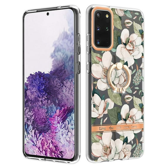 Compatible for Samsung Galaxy S20 Case with Ring Kickstand Holder Clear Floral Pattern Hybrid PC TPU Shockproof Protective Phone Case Cover for Samsung Galaxy S20 Women Girls, White Flower