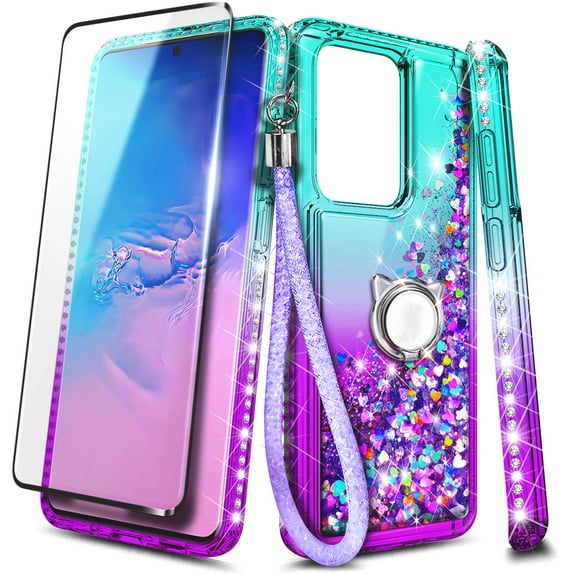 Compatible with Samsung Galaxy S20 Case with Tempered Glass Screen Protector, Ring Holder/Wrist Strap, Nagebee Glitter Liquid Floating Waterfall Cute Phone Cover (Aqua/Purple)
