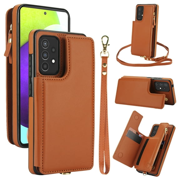 Compatible with Samsung Galaxy S20 Crossbody Wallet Phone Case,RFID Blocking PU Leather Shockproof Phone Case Women Men Kickstand flip Back Wrist Strap Zipper Credit Card Holder Slots,Brown