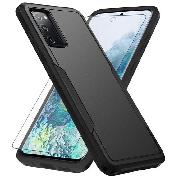 Compatible with Samsung Galaxy S20 FE 5G 6.5 in Phone Case Glass Screen Protector Hybrid Rugged Shockproof Hard Protective Drop Proof Full Body Heavy Duty Mobile Cell Cover for S 20 EF UW 2022 Black