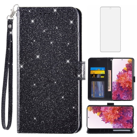 Compatible with Samsung Galaxy S20 FE 5G 6.5 inch Wallet Phone Case and Tempered Glass Screen Protector Flip Credit Card Holder Stand Bling Glitter Cell Cover for S 20 EF UW 2022 Edition 4G G5 Black