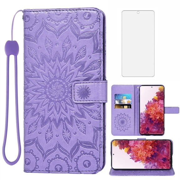 Compatible with Samsung Galaxy S20 FE 5G 6.5 inch Wallet Phone Case and Tempered Glass Screen Protector Flip Credit Card Holder Stand Cell Cover for S 20 EF UW 2022 S20FE5G Fan Edition 4G G5 Purple