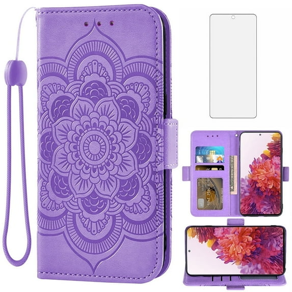 Compatible with Samsung Galaxy S20 FE 5G 6.5 inch Wallet Phone Case and Tempered Glass Screen Protector Flip Credit Card Holder Stand Cell Cover for S 20 EF UW 2022 S20FE5G Fan Edition 4G G5 Purple