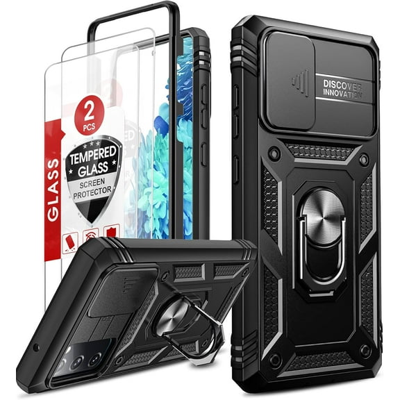 Compatible for Samsung Galaxy S20 FE 5G Case: Galaxy S20 FE Case with Slide Camera Cover + [2 Packs] Tempered Glass Screen Protector, Military-Grade Phone Case with Kickstand, Black [NOT FIT S20]