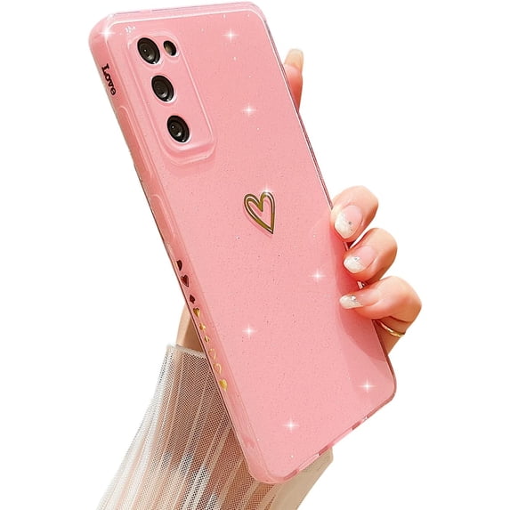 Compatible with Samsung Galaxy S20 FE 5G Case,Love Heart Pattern Design Soft TPU Shockproof Protective Case Bling Sparkly Glitter Cover for Samsung Galaxy S20 FE-Pink