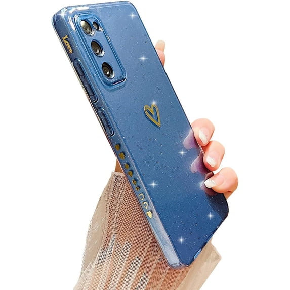 Compatible with Samsung Galaxy S20 FE 5G Case,Love Heart Pattern Design Soft TPU Shockproof Protective Case Bling Sparkly Glitter Cover for Samsung Galaxy S20 FE-Blue