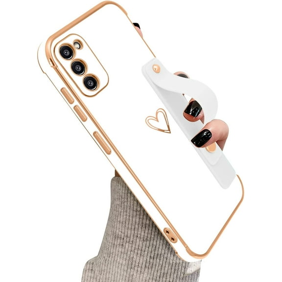 Compatible with Samsung Galaxy S20 FE 6.5" Case Thin for Women Girls,Soft TPU Plating Bumper Wristband Holder Case Slim Anti-Scratch Shockproof Love Heart Cute Case(Elegant White)