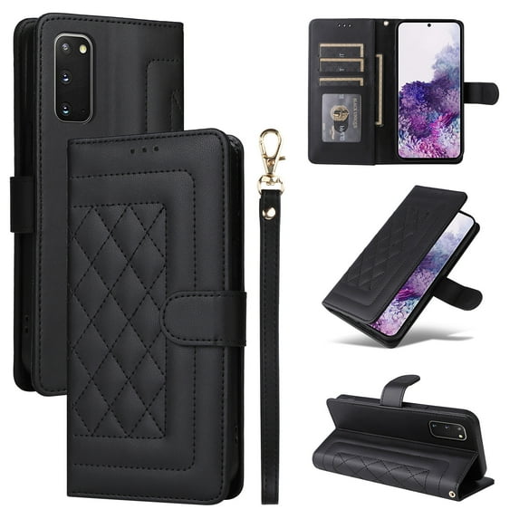 Compatible with Samsung Galaxy S20 FE Case, Premium Leather Wallet Book Case Magnetic Flip RFID Blocking Credit Card Holder Kickstand with Wrist Strap Shock Absorbing Case, Black