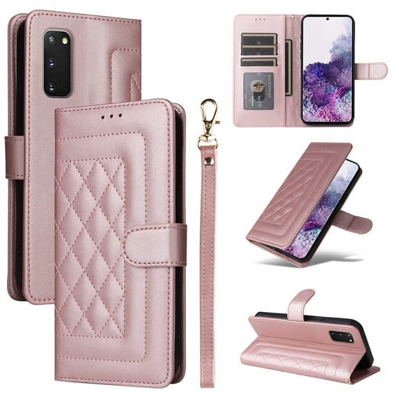 Compatible with Samsung Galaxy S20 FE Case, Premium Leather Wallet Book Case Magnetic Flip RFID Blocking Credit Card Holder Kickstand with Wrist Strap Shock Absorbing Case, Rosegold