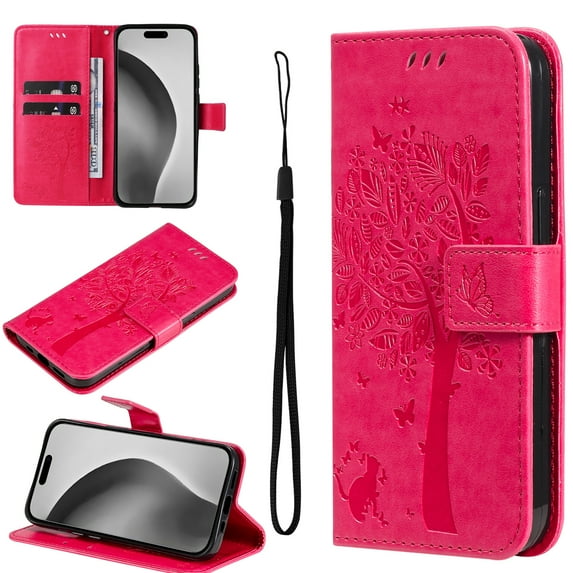 Compatible with Samsung Galaxy S20 FE Case Wallet Case with Kickstand Credit Card Holder Slots Cute Cat Butterfly & Tree Embossed Premium PU Leather Protective Phone Case with Wrist Strap,Rose