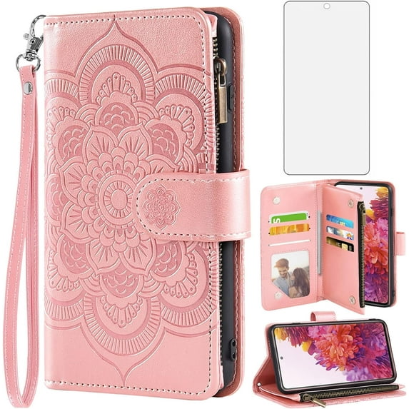 Compatible with Samsung Galaxy S20 FE Gaxaly S 20 FE 5G UW 6.5 inch Wallet Case Tempered Glass Protector Card Holder Cell Phone Cover for Glaxay S20FE5G S20FE 20S Fan Edition 4G G5 Rose Gold