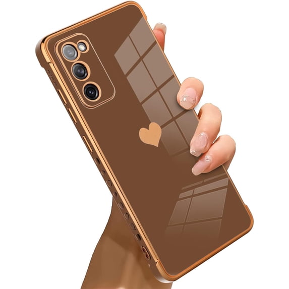 Compatible with Samsung Galaxy S20 Fe Case Love Heart Plating Electroplate Luxury Elegant Case Camera Protector Soft TPU Shockproof Protective Corner Back Cover Galaxy S20 Fe Case -Brown