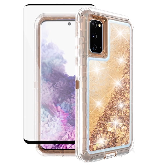 Compatible with Samsung Galaxy S20 Phone Case Tempered Glass Screen Protector Bling Liquid Glitter Clear Hybrid Shockproof TPU Military Grade Protective Heavy Duty Cell Cover for S 20 20S Women Gold