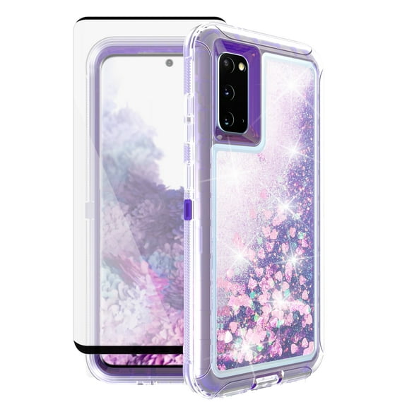 Compatible with Samsung Galaxy S20 Phone Case Tempered Glass Screen Protector Bling Liquid Glitter Clear Hybrid Shockproof TPU Military Grade Protective Heavy Duty Cell Cover for S 20 20S Purple