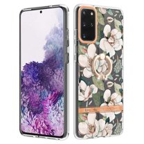 Compatible for Samsung Galaxy S20 Plus Case with Ring Kickstand Holder Clear Floral Pattern Hybrid PC TPU Shockproof Protective Phone Case Cover for Samsung Galaxy S20 Plus Women Girls, White Flower
