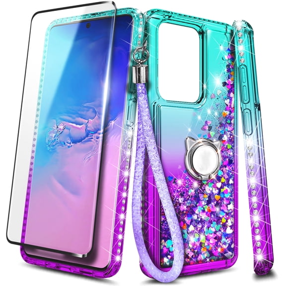 Compatible with Samsung Galaxy S20+ Plus Case with Tempered Glass Screen Protector, Ring Holder/Wrist Strap, Nagebee Glitter Liquid Floating Waterfall Cute Phone Cover (Aqua/Purple)