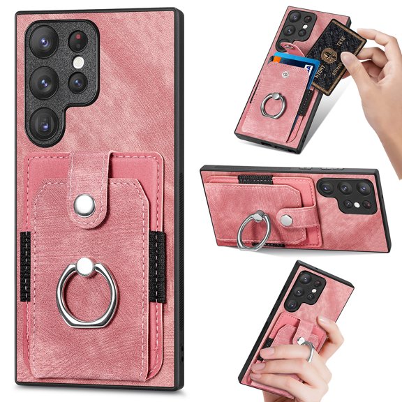 Compatible with Samsung Galaxy S20 Plus, Classic Card Slots 360 Rotating Finger Ring Kickstand PU Leather + TPU Frame Magnetic Closure Back Case Cover for Samsung Galaxy S20 Plus, Pink