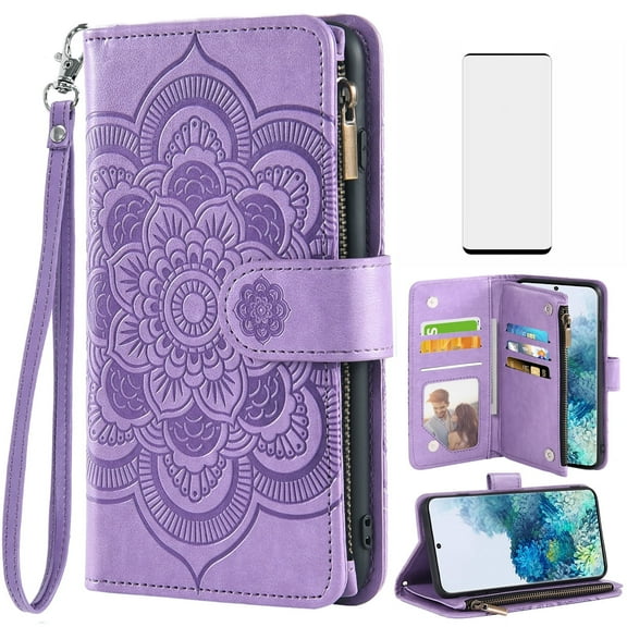 Compatible with Samsung Galaxy S20 Plus S20  5G Wallet Phone Case and Tempered Glass Screen Protector Flower Faux Leather Flip Credit Card Holder Stand Zipper Cell Cover for S20 5G Women Purple