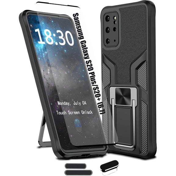 Compatible Samsung Galaxy S20 Plus/S20+ Heavy Duty Military Grade Shockproof Kickstand Case Double Protection (TPU+PC) Solid and Durable Magnetic Car Phone Case, Suitable for 6.7 Inches (Black)