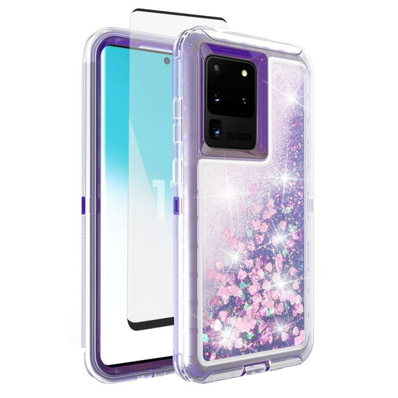 Compatible with Samsung Galaxy S20 Ultra 5G Phone Case Tempered Glass Screen Protector Bling Liquid Glitter Clear Hybrid Shockproof TPU Military Grade Protective Heavy Duty Cell Cover for S20U Purple