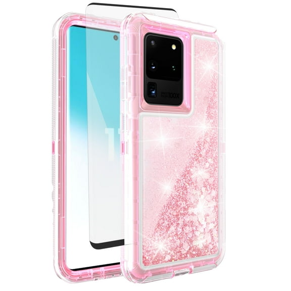 Compatible with Samsung Galaxy S20 Ultra 5G Phone Case Tempered Glass Screen Protector Bling Liquid Glitter Clear Hybrid Shockproof TPU Military Grade Protective Heavy Duty Cell Cover for S20U Pink