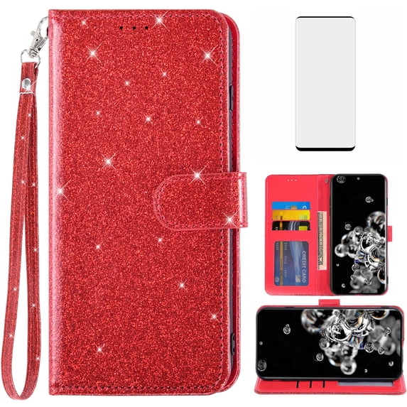 Compatible with Samsung Galaxy S20 Ultra 5G Wallet Phone Case and Tempered Glass Screen Protector Flip Credit Card Holder Stand Bling Glitter Cell Cover for S20ultra 20S s20 A20 S2O 20ultra G5 Red