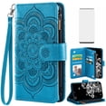 thumbnail image 1 of Compatible with Samsung Galaxy S20 Ultra 5G Wallet Phone Case and Tempered Glass Screen Protector Flower Faux Leather Flip Credit Card Holder Stand Zipper Cell Cover for S20ultra 20S G5 Women Blue, 1 of 9