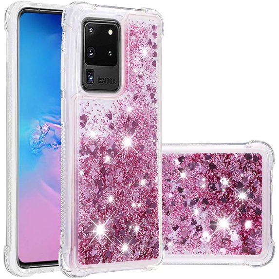 Compatible with Samsung Galaxy S20 Ultra Case Glitter Luxury Cute Love Liquid Quicksand Clear TPU Girls Women Stylish Bumper Shockproof Protective Case for Samsung Galaxy S20 Ultra Rose Gold YB
