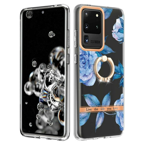 Compatible for Samsung Galaxy S20 Ultra Case with Ring Kickstand Holder Clear Floral Pattern Hybrid PC TPU Shockproof Protective Phone Case Cover for Samsung Galaxy S20 Ultra Women Girls, Blue Flower