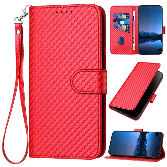 Compatible with Samsung Galaxy S20 Wallet Case, with Wrist Strap Carbon Fiber Texture PU Leather Flip Card Holder Stand Phone Cover for Samsung Galaxy S20 Women Men, Red