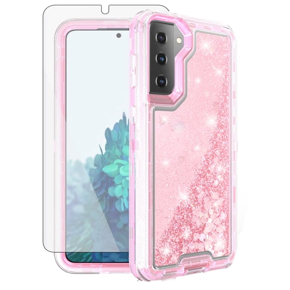 Compatible with Samsung Galaxy S21 5G 6.2 inch Phone Case Tempered Glass Screen Protector Bling Liquid Glitter Clear Hybrid Shockproof TPU Military Grade Protective Heavy Duty Cell Cover Women Pink