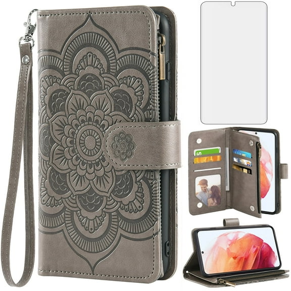 Compatible with Samsung Galaxy S21 5G 6.2 inch Wallet Phone Case and Tempered Glass Screen Protector Flower Faux Leather Flip Credit Card Holder Stand Zipper Cell Cover for S 21 21S G5 Women Grey