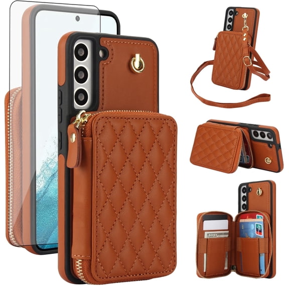 Compatible with Samsung Galaxy S21 5G 6.2 inch Wallet Phone Case Tempered Glass Screen Protector Wrist Crossbody Strap Stand Credit Card Holder RFID Slot Cell Cover for S 21 21S G5 Women Girls Brown