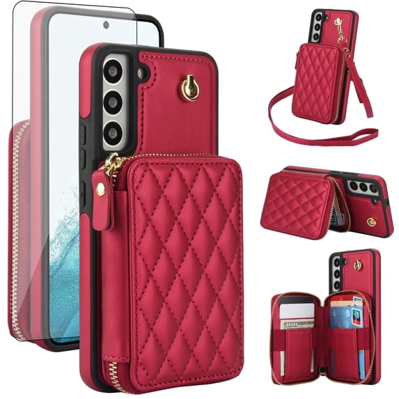 Compatible with Samsung Galaxy S21 5G 6.2 inch Wallet Phone Case Tempered Glass Screen Protector Wrist Crossbody Strap Stand Credit Card Holder RFID Slot Cell Cover for S 21 21S G5 Women Girls Red